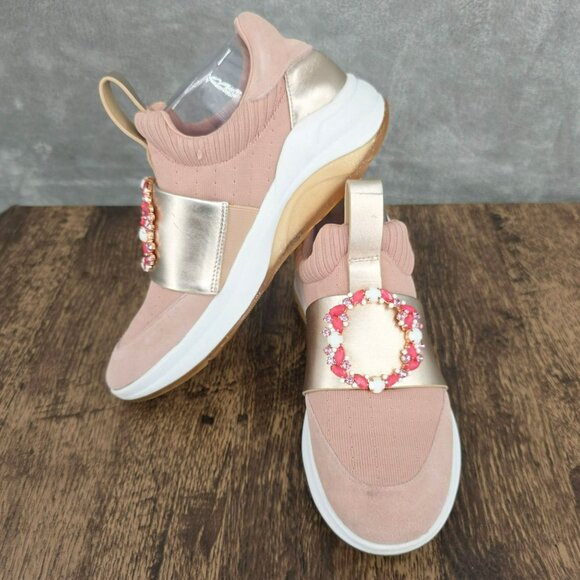 Karl Lagerfeld Charlee Slip On Sneakers 8 Gold Blush Pink Stretch Knit Crystals - Picture 13 of 16